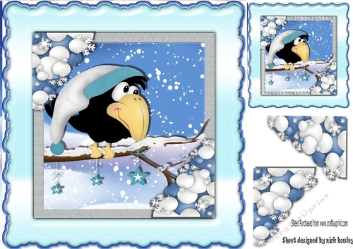 Winter crow in blue hat on a snow branch 8x8