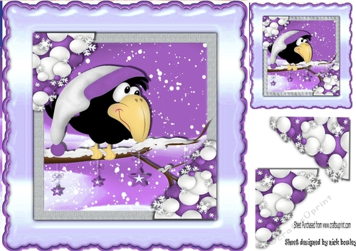 Winter crow in purple hat on a snow branch 8x8