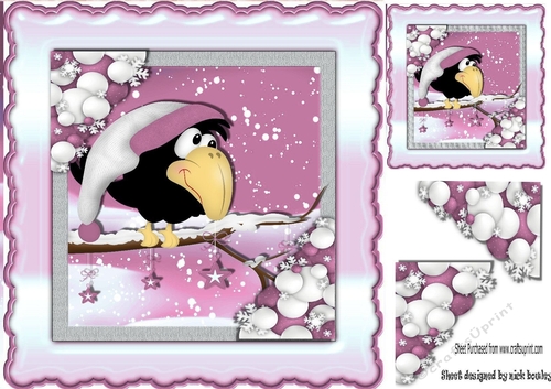 Winter crow in pink hat on a snow branch 8x8