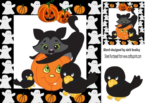Pumpkins with black cat and crows 8x8