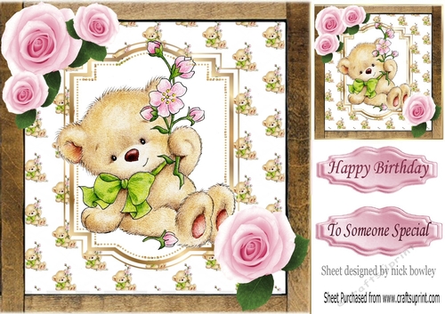 Lovely teddy bear with pink roses 8x8