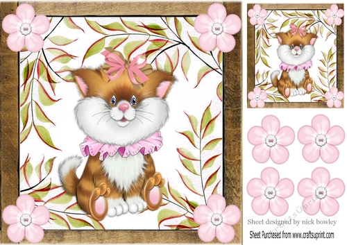 Cute kitty with bow and pink flower buttons 8x8