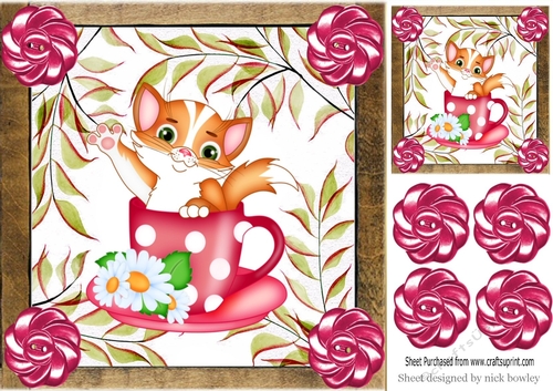 cute kitty in a teacup, with pink buttons 8x8