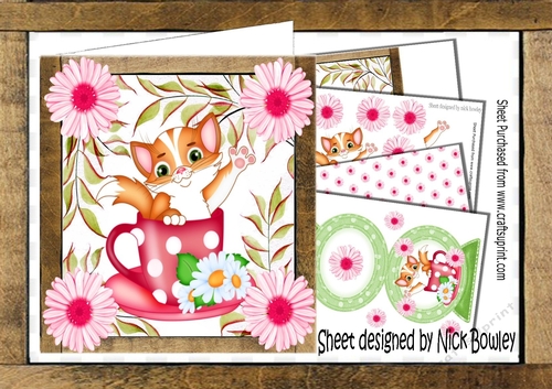 cute kitty in a teacup, with pink flowers 8x8 mini kit