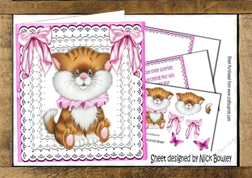 Cute kitty on layered lace with pink bows 8x8 Mini kit