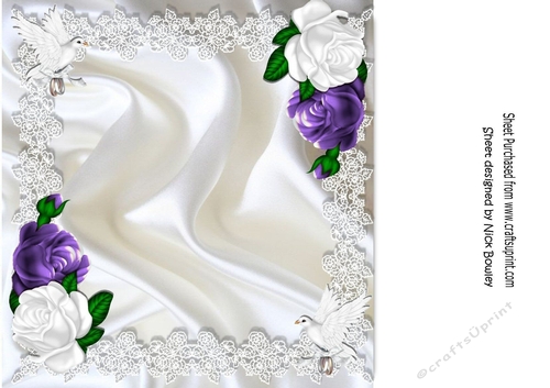 Pretty purple/white roses on satin and lace with doves 8x8 insert