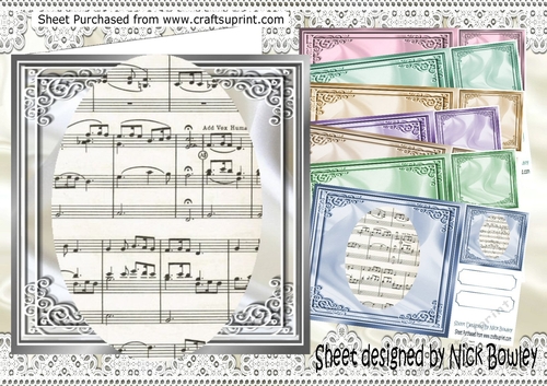 8 Lovely Coloured Ornate corners with music scripts centre Card fronts  8x8
