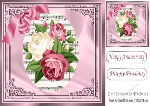 pretty pink/white roses on music script in ornate frame 8x8