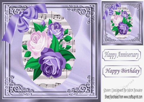 pretty purple roses on music script in ornate frame 8x8