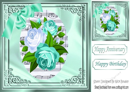 pretty turq roses on music script in ornate frame 8x8