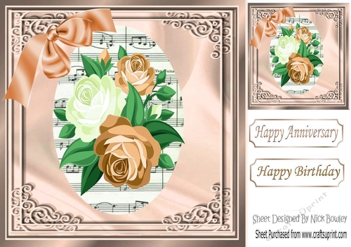 pretty peach roses on music script in ornate frame 8x8