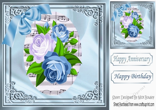 pretty blue roses on music script in ornate frame 8x8