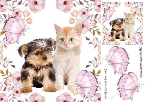 Sweet little yorkie puppy/ kitten in flower with butterflies frame 8x8