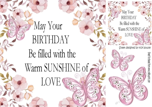 Sunshine with love card front  with flowers and pink butterflies 8x8