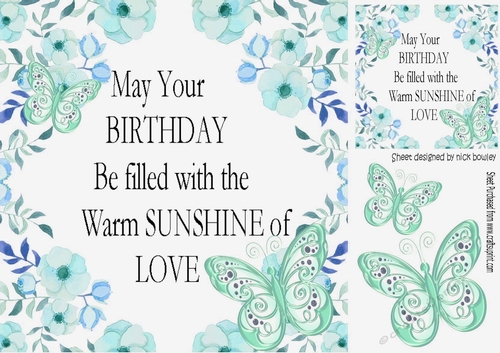Sunshine with love card front  with flowers and turq butterflies 8x8
