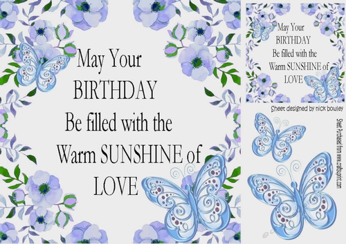 Sunshine with love card front  with flowers and blue butterflies 8x8