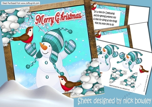 Cute snowman with friendly robins in the snow 8x8 Mini kit (turq)