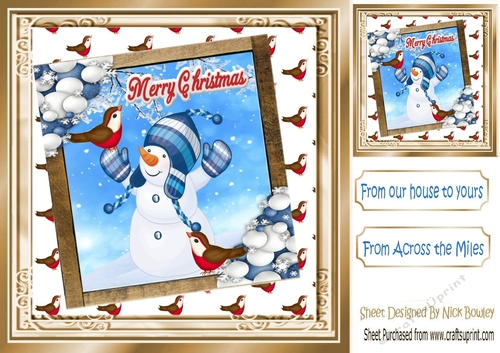 Cute snowman with friendly robins in the snow 8x8