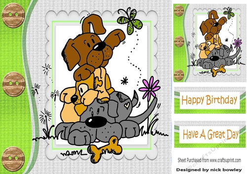 Mischief pile of dogs playing green frame with buttons 8x8