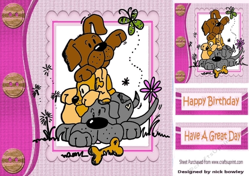 Mischief pile of dogs playing,  pink frame with buttons 8x8