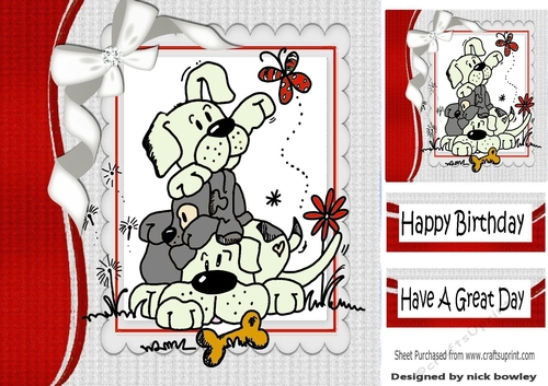 Mischief pile of dogs playing, red frame with bow 8x8