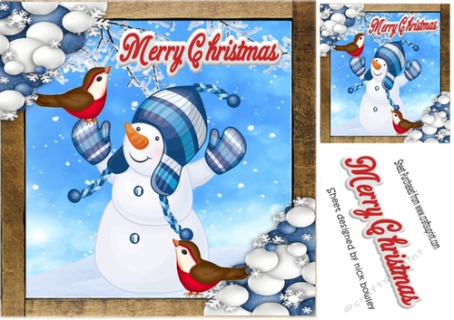  snowman with friendly robins in the snow (blue) 8x8