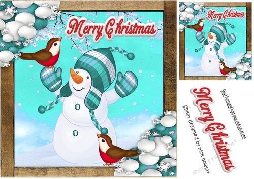 snowman with friendly robins in the snow (turq) 8x8