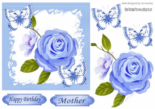Pretty blue painted roses with butterflies 5x5