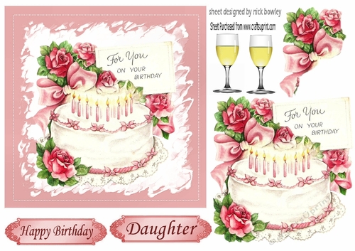 Pink roses with birthday cake and wine 5x5