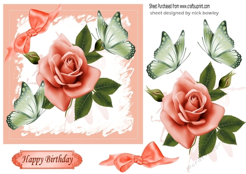 Pretty peach rose with bud and butterflies 5x5