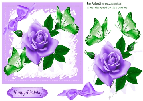 Purple rose with bud and butterflies 5x5