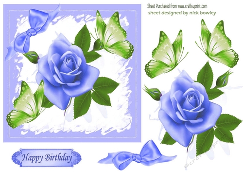 blue rose with bud and butterflies 5x5