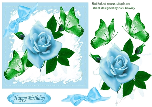 Turq rose with bud and butterflies 5x5