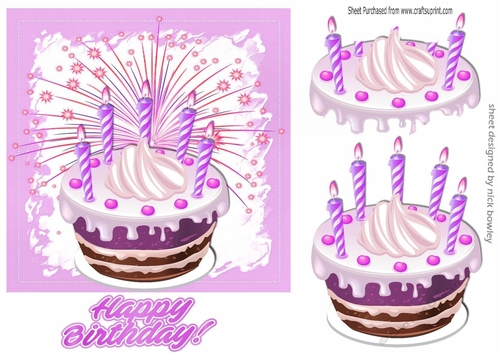 Yummy birthday cake with lilac icing with candles 5x5