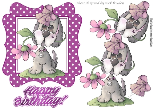 Playful puppy with flowers in purple polkadot frame
