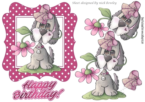 Playful puppy with flowers in pink polkadot frame
