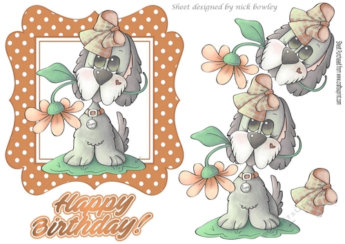 Playful puppy with flowers in peach polkadot frame
