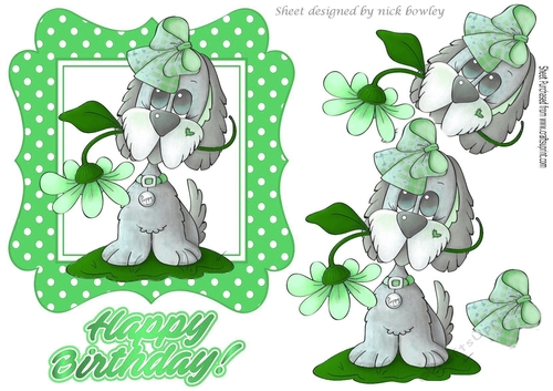 Playful puppy with flowers in green polkadot frame