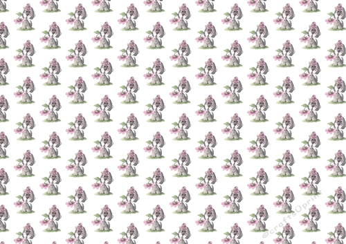 Playful puppy with flowers in pink backing paper