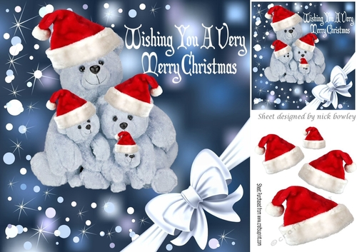 Cuddly teddies in santa hats with corner bow 8x8