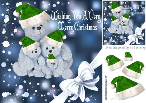 Cuddly teddies in green santa hats with corner bow 8x8