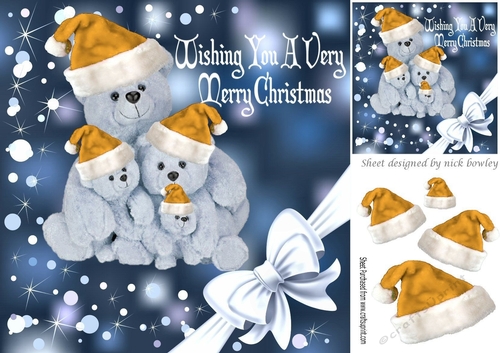 Cuddly teddies in gold santa hats with corner bow 8x8