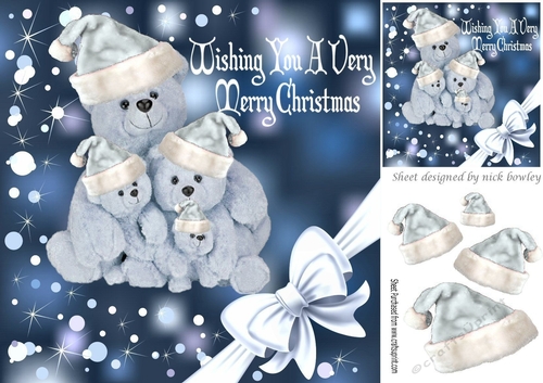 Cuddly teddies in silver santa hats with corner bow 8x8