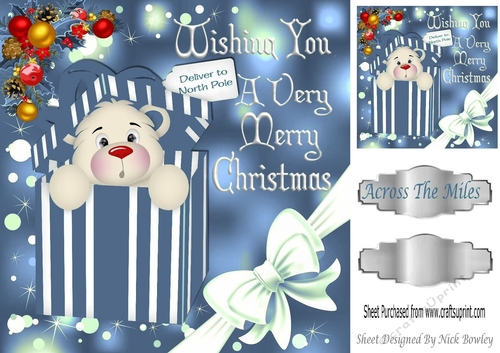 teddy in christmas blue box with corner bow 8x8