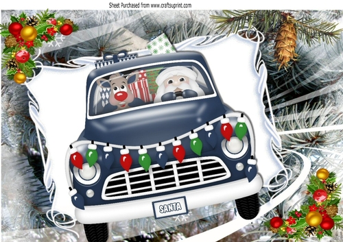 Santa in blue car with rudolph A4