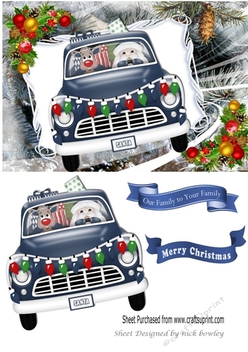 Santa with rudolph in a blue car A5