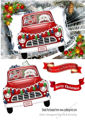 Santa with rudolph in a red car A5
