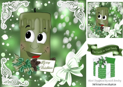 Toony face Green Candle, with snowflakes & present 8x8