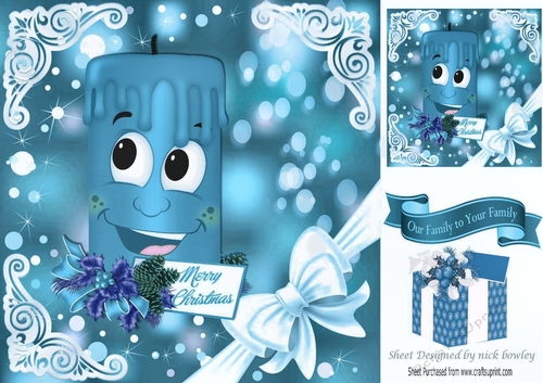 Toony face blue Candle, with snowflakes & present 8x8
