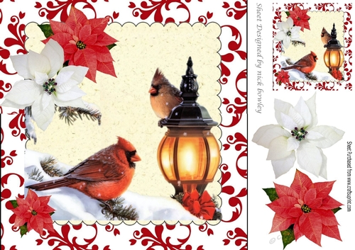 pretty cardinal winter birds on a snow branch with flowers 8x8